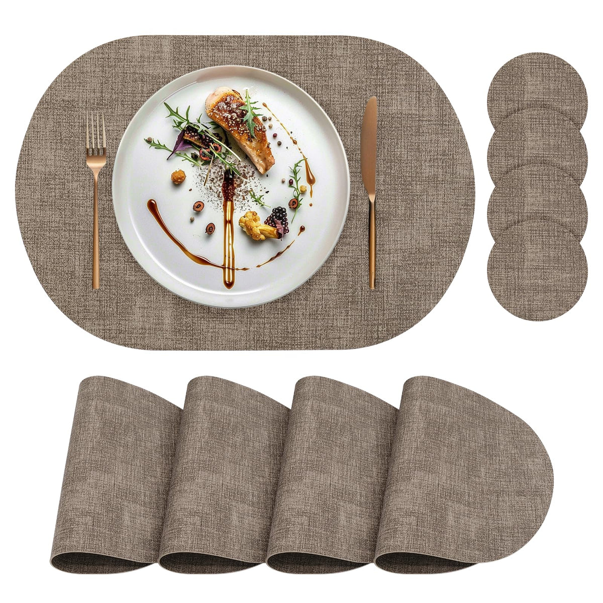 Faux Leather Placemats Set of 4 with Matching Coasters, Heat Resistant PU Oval Placemats, Waterproof Wipeable Washable Place Mats, Non-Slip Table Placemats for Dining Table Kitchen Patio