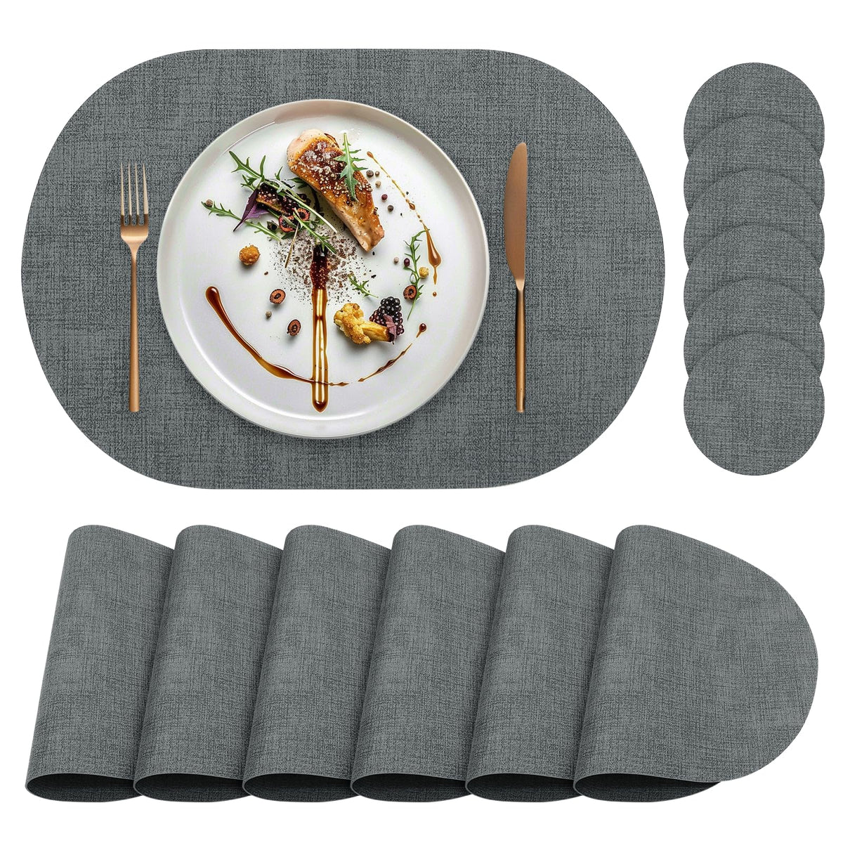 Faux Leather Placemats Set of 4 with Matching Coasters, Heat Resistant PU Oval Placemats, Waterproof Wipeable Washable Place Mats, Non-Slip Table Placemats for Dining Table Kitchen Patio