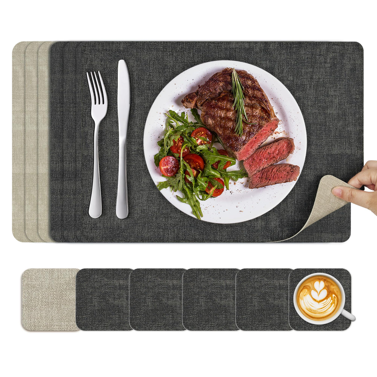KitchenBoss Placemats Set and Coasters Set of 6, Anti-Slip Dining Table Mats, Wipeable Waterproof Heat Resistant Double-Sided Place Mats for Dining Tables and Desks, Dark Grey (Beige and Dark Gray)