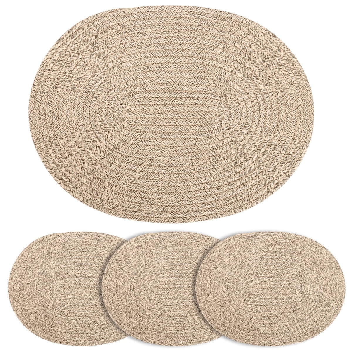 Oval Woven Cotton Placemats Set of 6, Thick Braided Rope Table Mats, 17 x 13 Inches Large Non Slip Heat Resistant Place Mats for Dining Table, Farmhouse Boho Hot Pads for Kitchen Decor (6, Black)