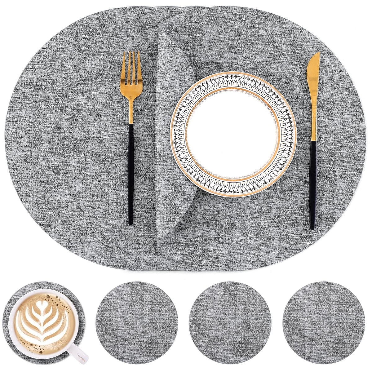 Homaxy Round Faux Leather Placemats and Coasters, Set of 4, Beige