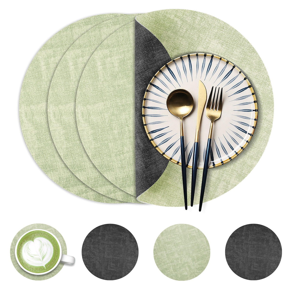Fyvva Placemats Set of 6, 13" Round Reversible Faux Leather with Coasters