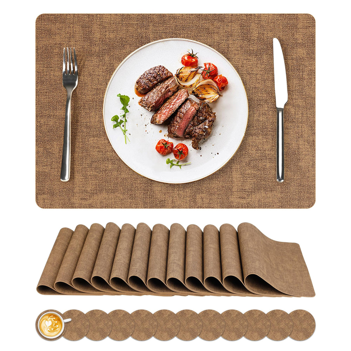 NCUE Vinyl Placemats Set of 8, 17"x12" Wipeable Place Mats with Coasters