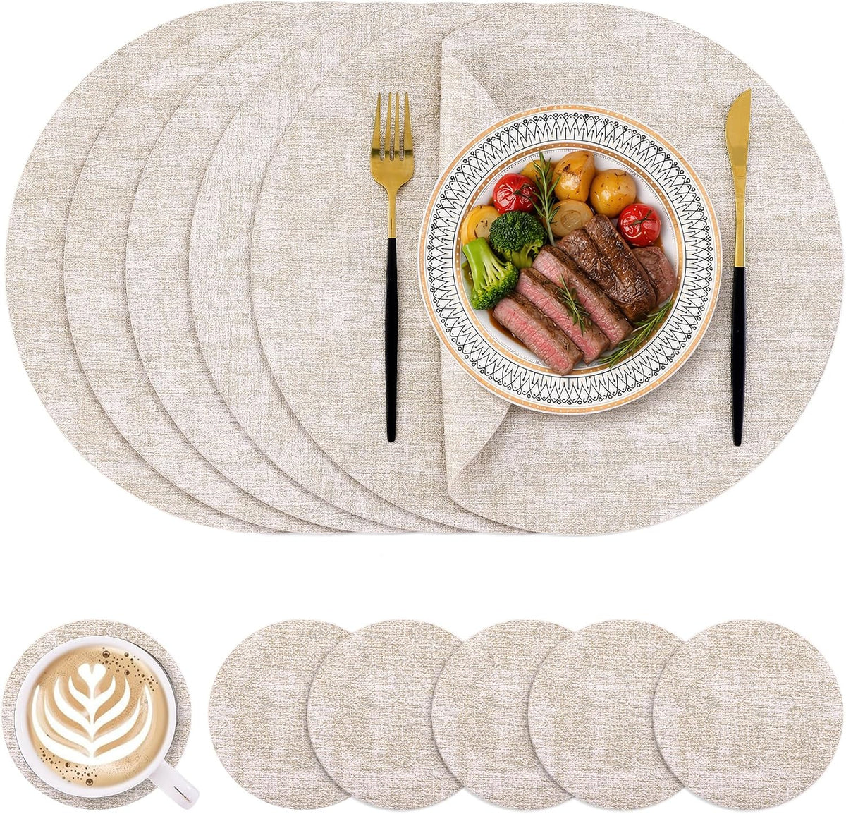 Homaxy Round Faux Leather Placemats and Coasters, Set of 6, Beige