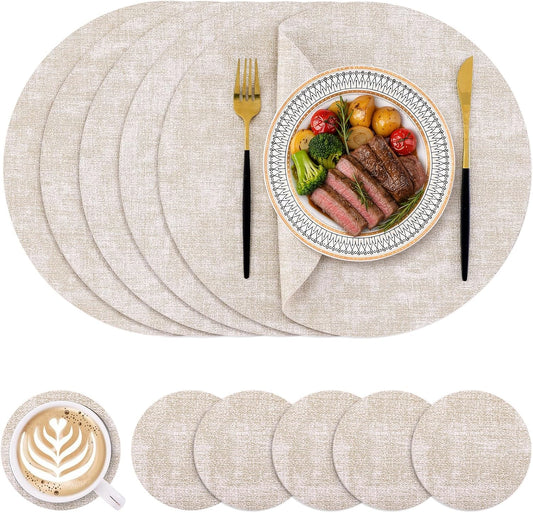 Homaxy Round Faux Leather Placemats and Coasters, Set of 6, Beige