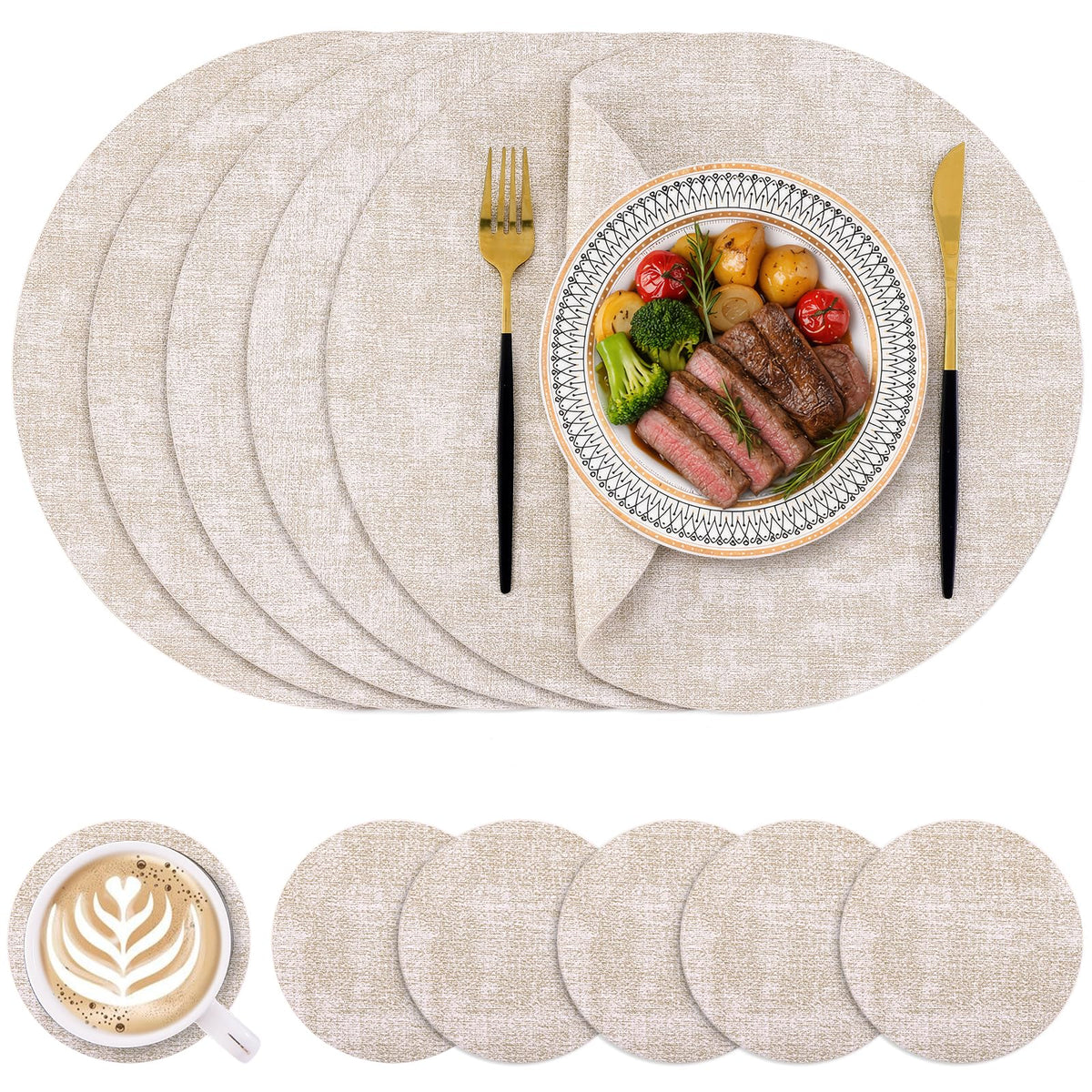Homaxy Round Faux Leather Placemats and Coasters, Set of 4, Beige