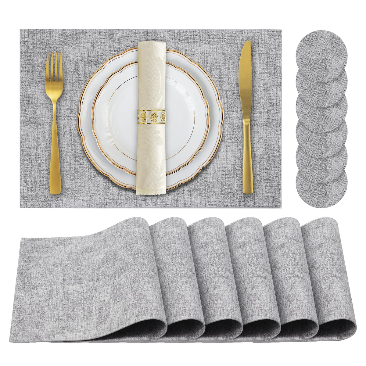 Faux Leather Placemats Set of 6,Heat Resistant Placemats for Dining Table, Easy Clean Non-Slip Place Mats, Waterproof Stain Resistant Wipeable Washable PU Table Mats, (Coffee)