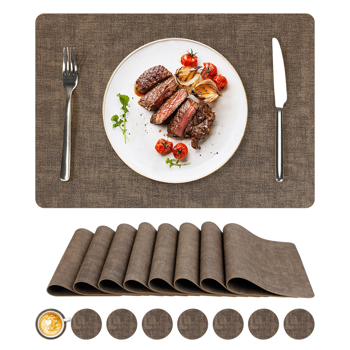 NCUE Vinyl Placemats Set of 8, 17"x12" Wipeable Place Mats with Coasters
