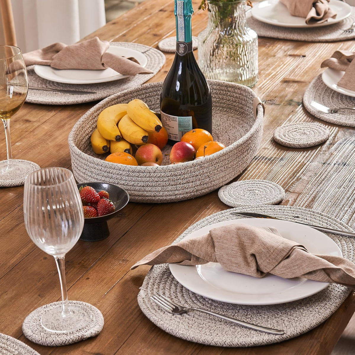 Oval Placemats Set of 6 with Coasters & Holder, Taupe Mix