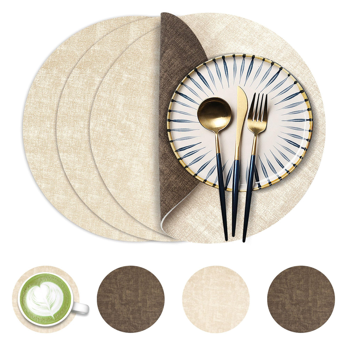 Fyvva Placemats Set of 6, 13" Round Reversible Faux Leather with Coasters
