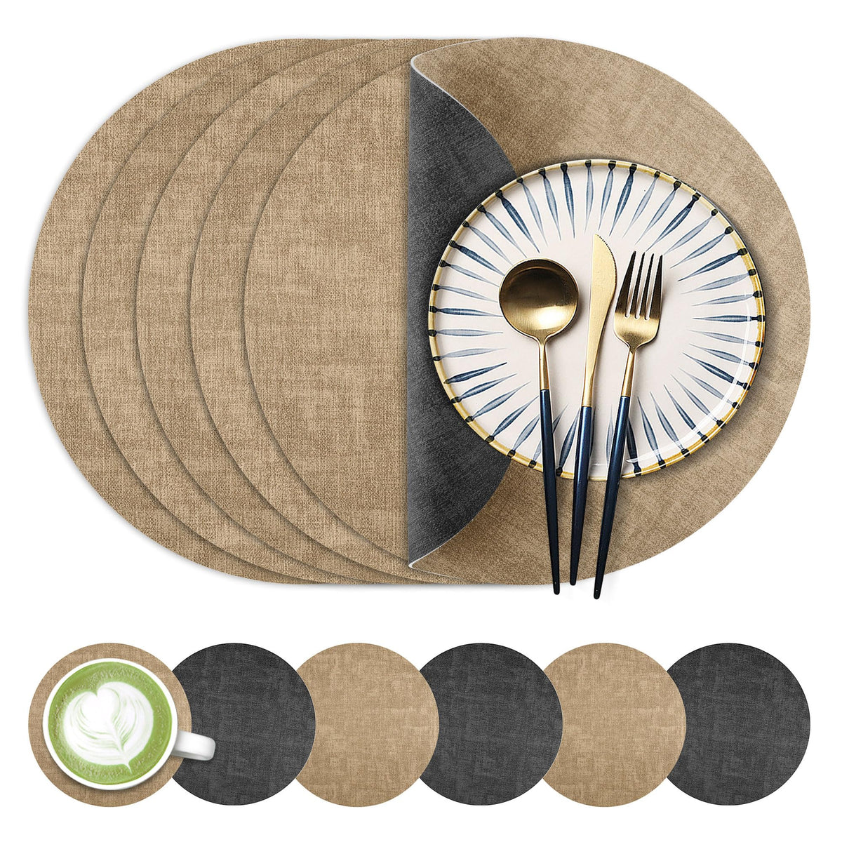 Fyvva Placemats Set of 6, 13" Round Reversible Faux Leather with Coasters