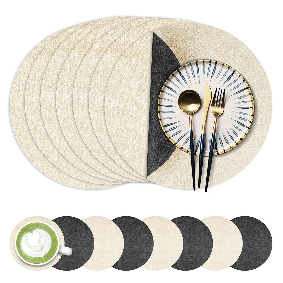 Fyvva Placemats Set of 6, 13" Round Reversible Faux Leather with Coasters