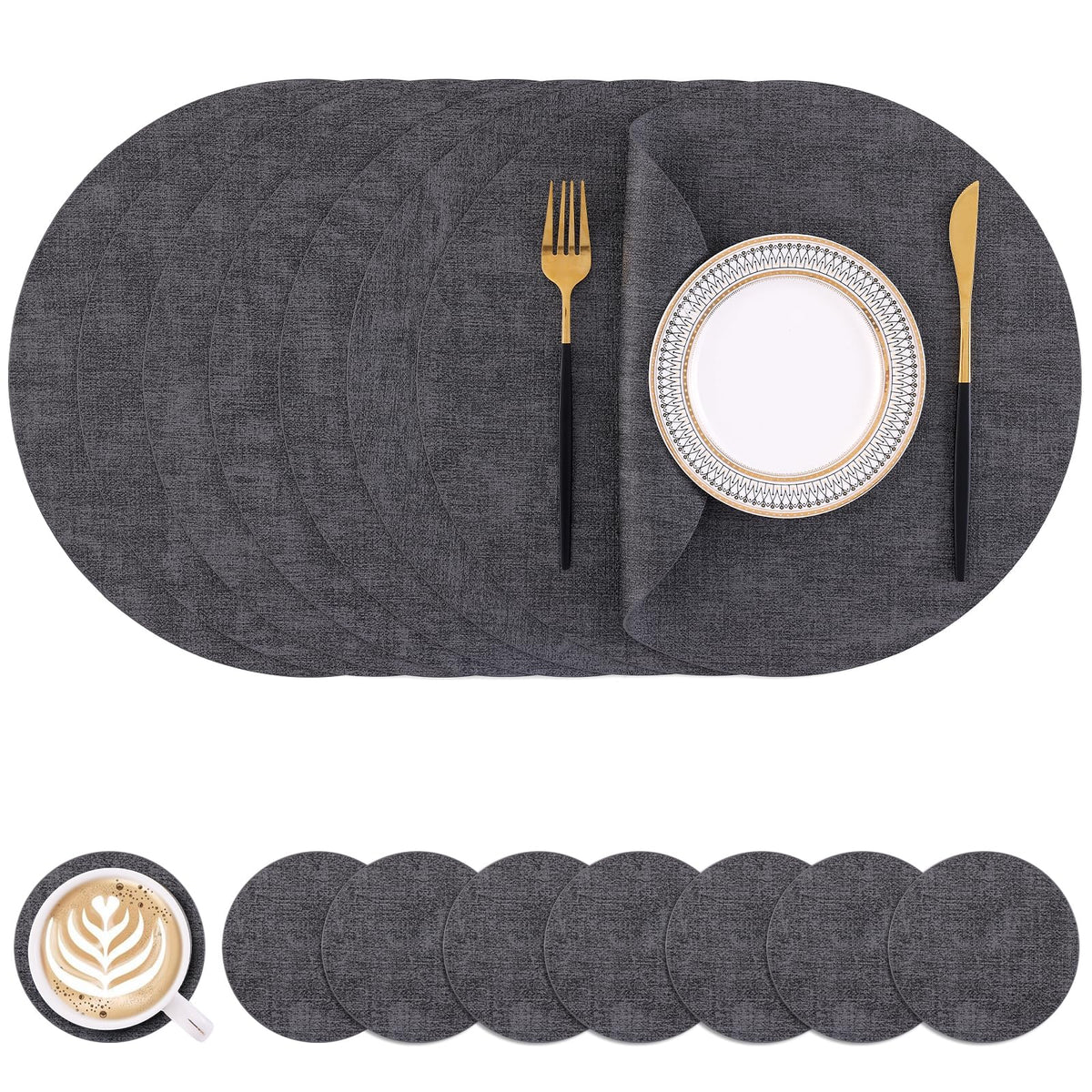 Homaxy Round Faux Leather Placemats and Coasters, Set of 6, Beige