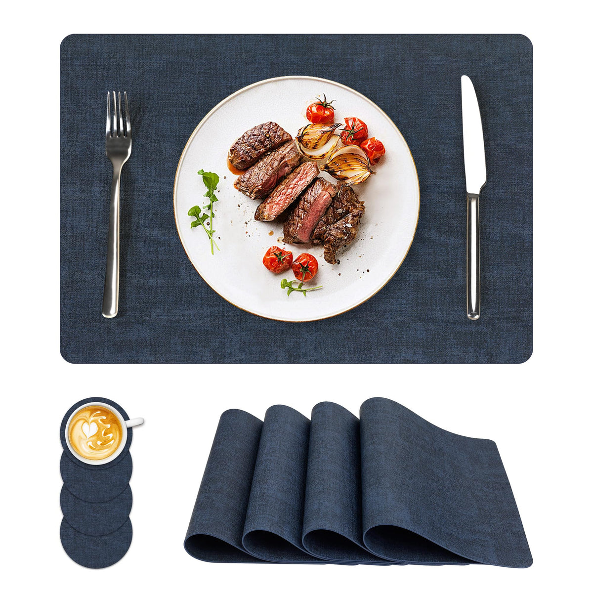 NCUE Vinyl Placemats Set of 8, 17"x12" Wipeable Place Mats with Coasters