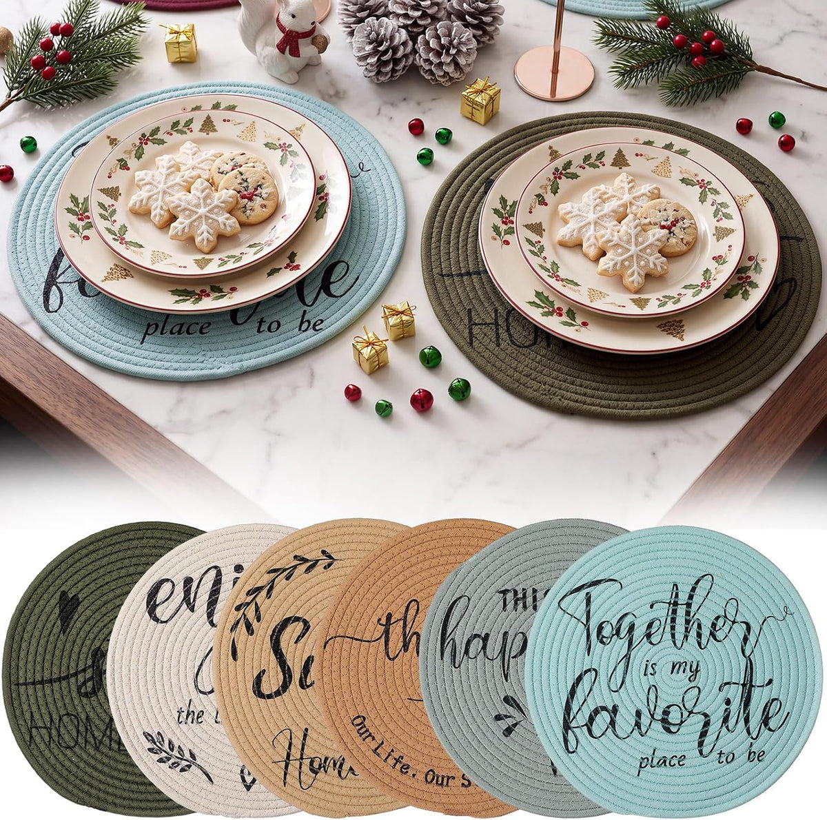 13 Inch Round Cotton Placemat Set of 6 Woven Boho Coasters Table Mats Dining Table Setting Decor Washable Heat Resistant Farmhouse Circle Place Mats for Home Accessories(Brown)