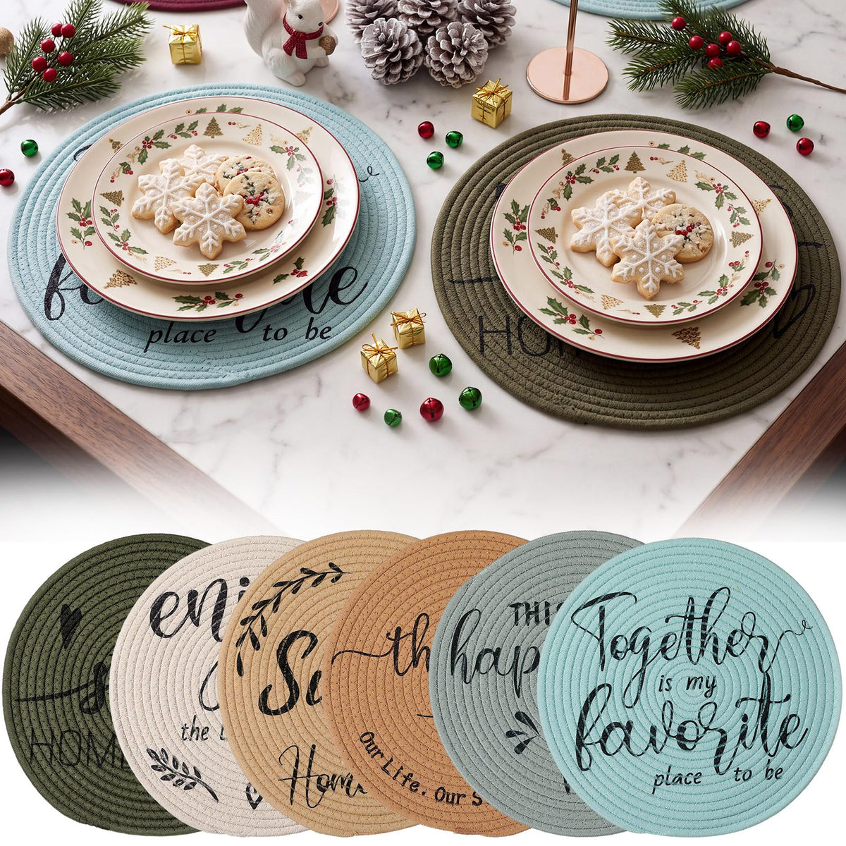 13 Inch Round Cotton Placemat Set of 6 Woven Boho Coasters Table Mats Dining Table Setting Decor Washable Heat Resistant Farmhouse Circle Place Mats for Home Accessories(Brown)