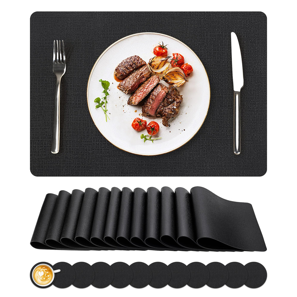 NCUE Vinyl Placemats Set of 8, 17"x12" Wipeable Place Mats with Coasters