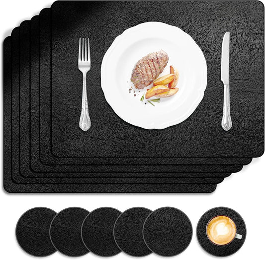 Placemats and Coasters Set of 6, Waterproof、Oil-Proof Wipeable、Anti Slip PVC Leather Place Mats, Heat Resistant Reversible Table Mats for Kitchen, Dining, Outdoor 17’’×12’’, (Black)