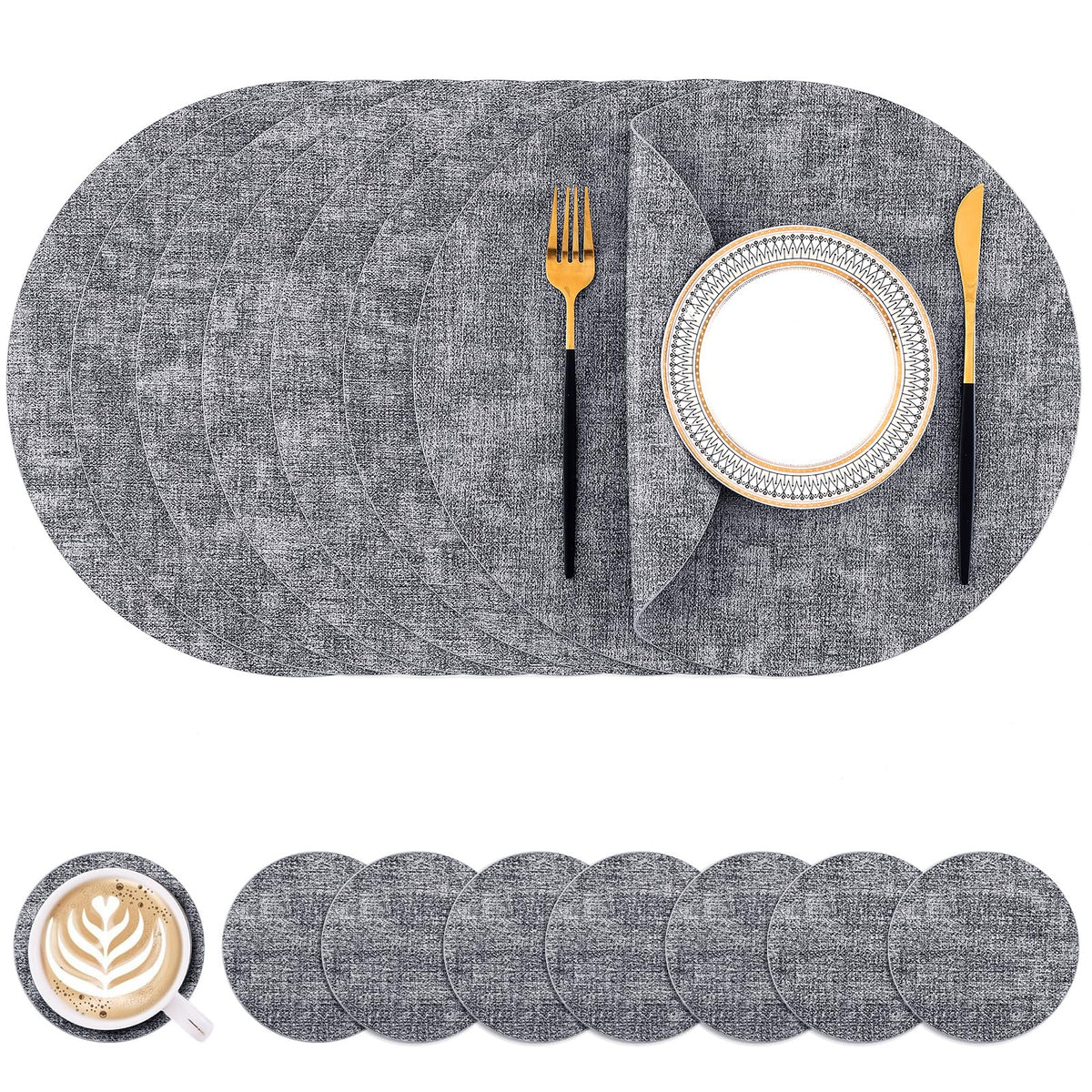 Homaxy Round Faux Leather Placemats and Coasters, Set of 6, Beige