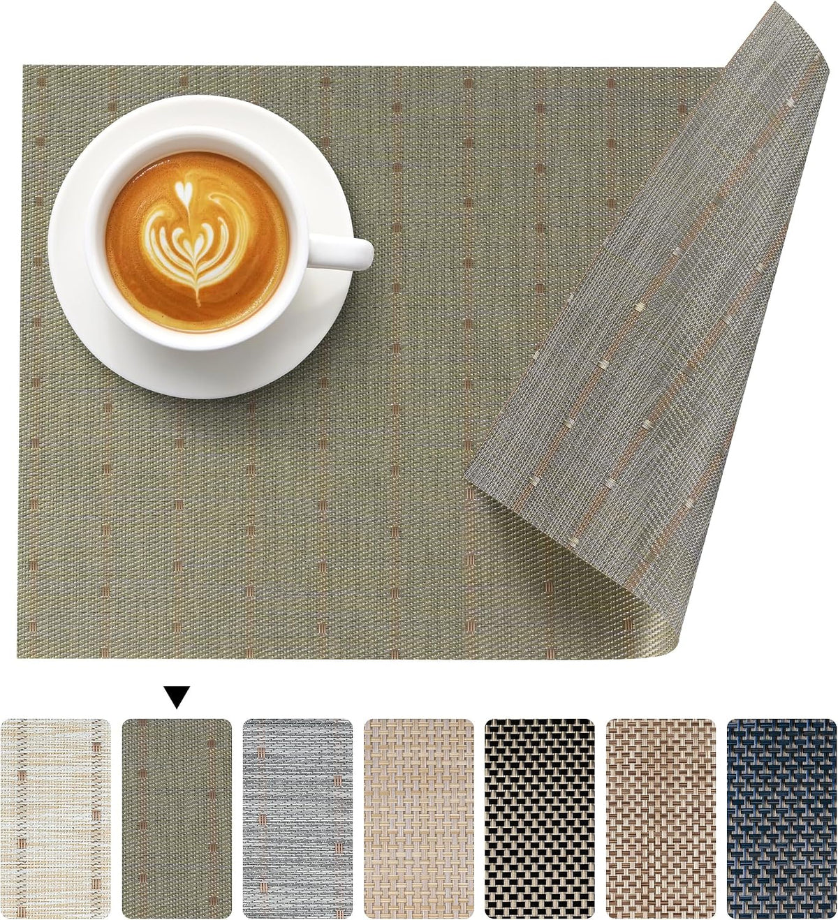 Placemats Set of 4 - Both-Side Usable Green & Gray Place Mats Durable Plastic Vinyl Woven Mats for Dining Table Deco, Heat-Resistant Table Mats Anti-Slip Wipeable (17.7 x 11.8 inch)