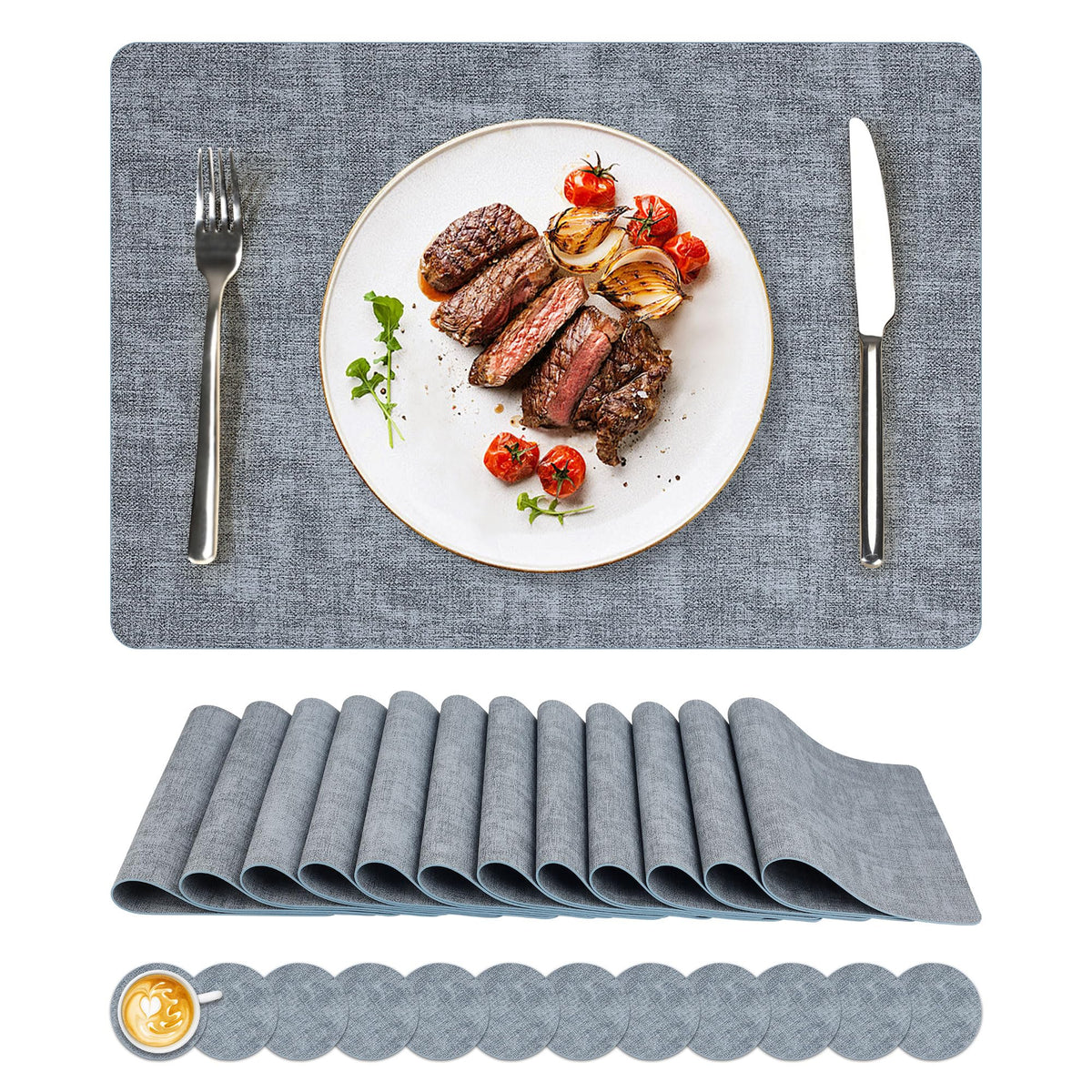 NCUE Vinyl Placemats Set of 8, 17"x12" Wipeable Place Mats with Coasters
