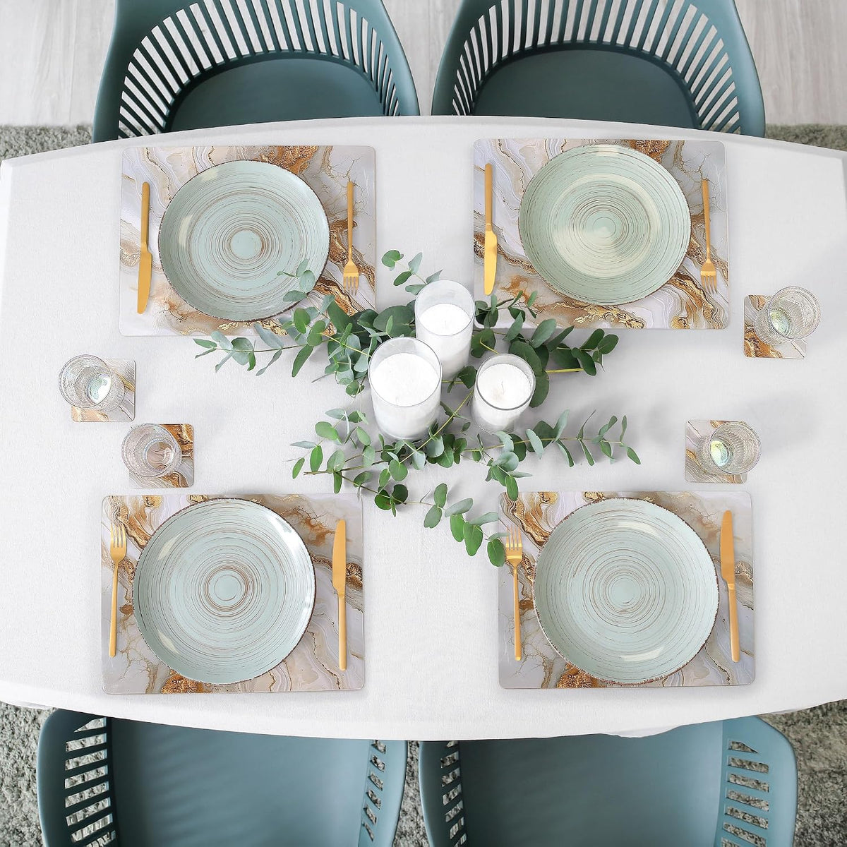 fanquare Hard Cork Placemats and Coasters Set of 4 with Marble Pattern Design Easy to Clean Abstract Artistic Placemat for Dining Table Décor, Gold Sand