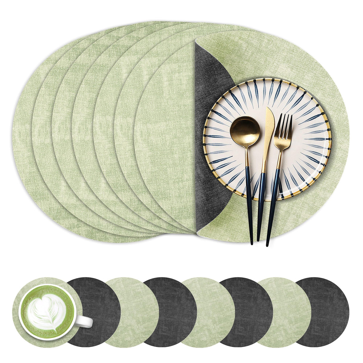 Fyvva Placemats Set of 6, 13" Round Reversible Faux Leather with Coasters