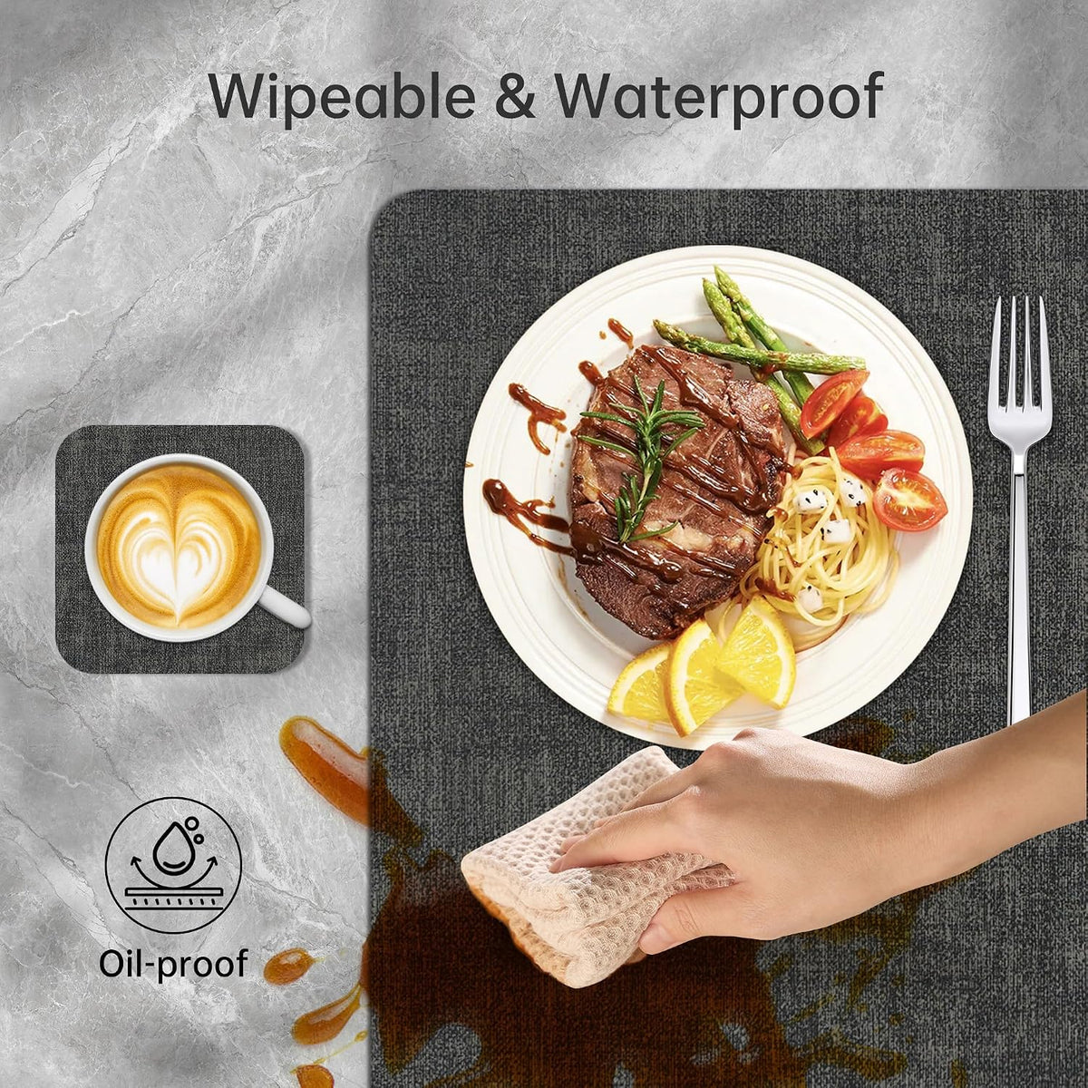 KitchenBoss Placemats Set and Coasters Set of 6, Anti-Slip Dining Table Mats, Wipeable Waterproof Heat Resistant Double-Sided Place Mats for Dining Tables and Desks, Dark Grey (Beige and Dark Gray)