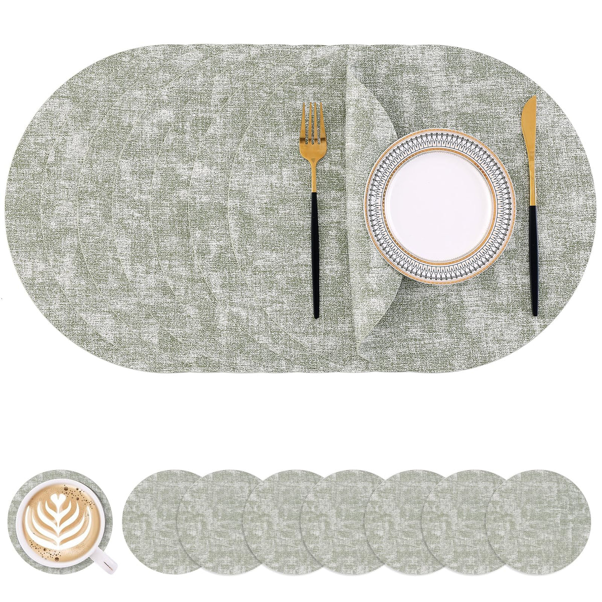 Homaxy Round Faux Leather Placemats and Coasters, Set of 4, Beige