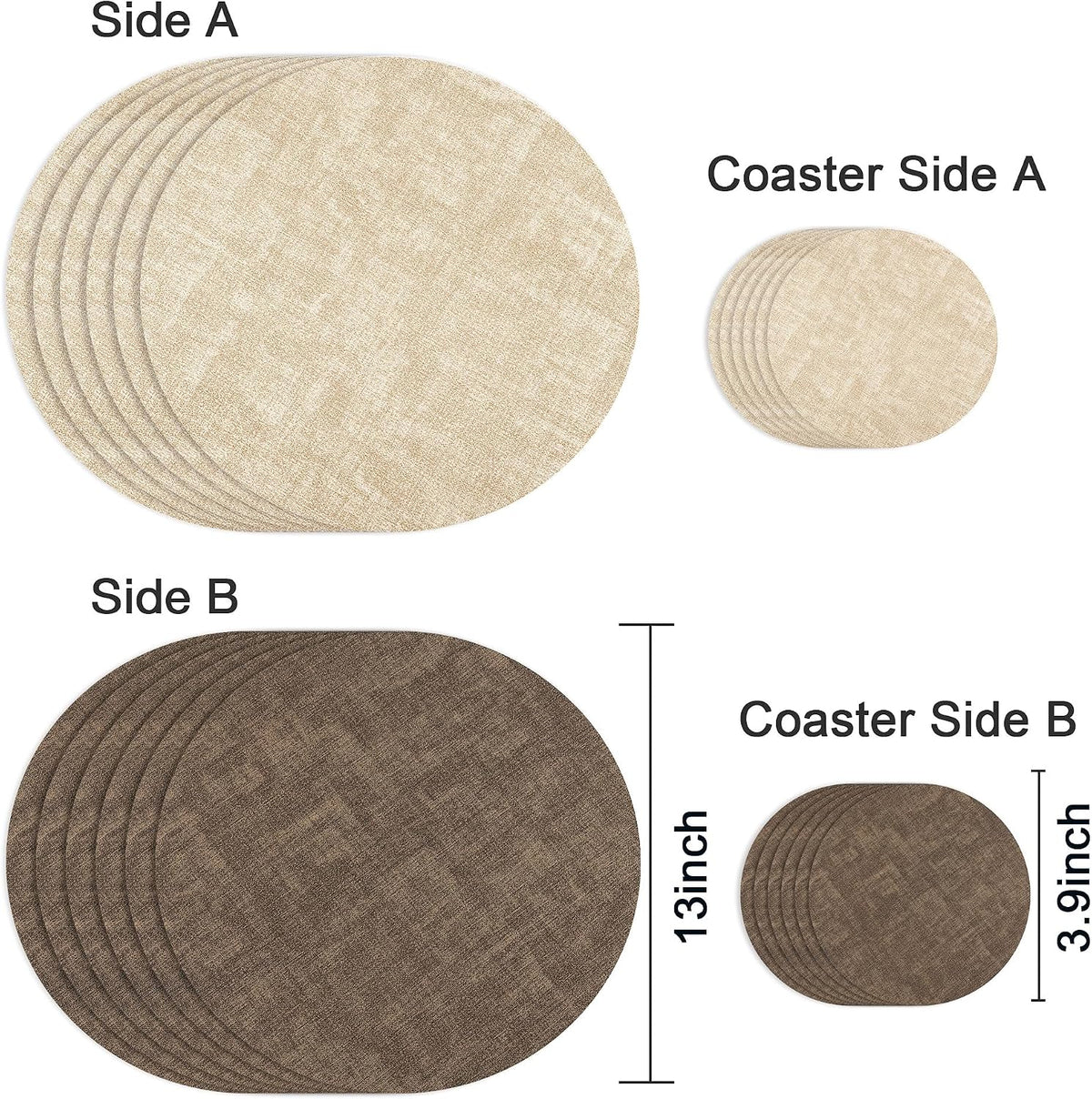 Fyvva Placemats Set of 6, 13" Round Reversible Faux Leather with Coasters