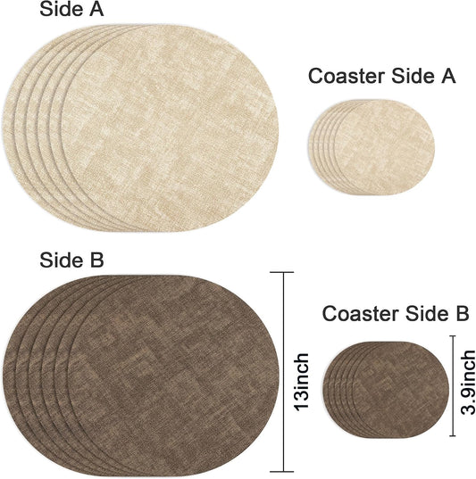 Fyvva Placemats Set of 6, 13" Round Reversible Faux Leather with Coasters