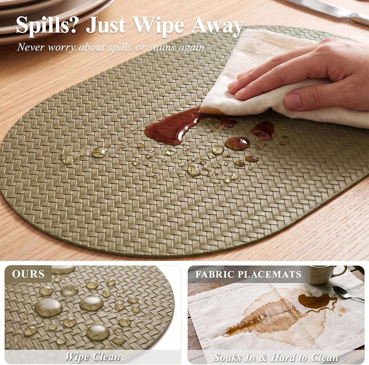 Woven Faux Leather Oval Placemats Set of 4/6 with Coasters & Tray, Heat Resistant, Non-Slip, Washable Dining Table Mats