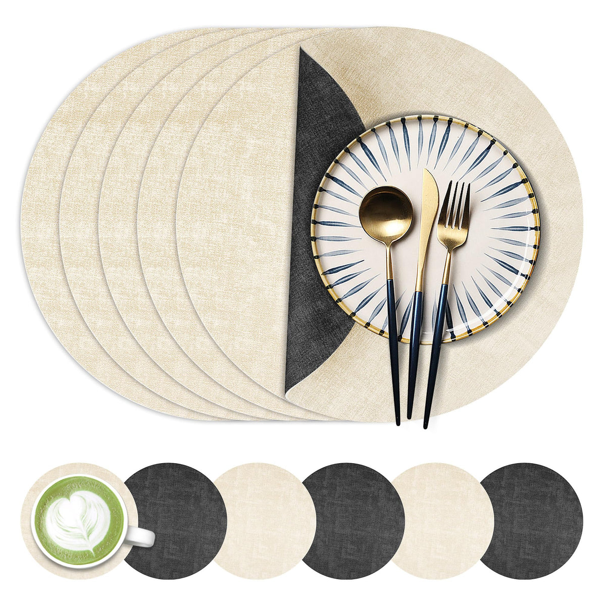 Fyvva Placemats Set of 6, 13" Round Reversible Faux Leather with Coasters