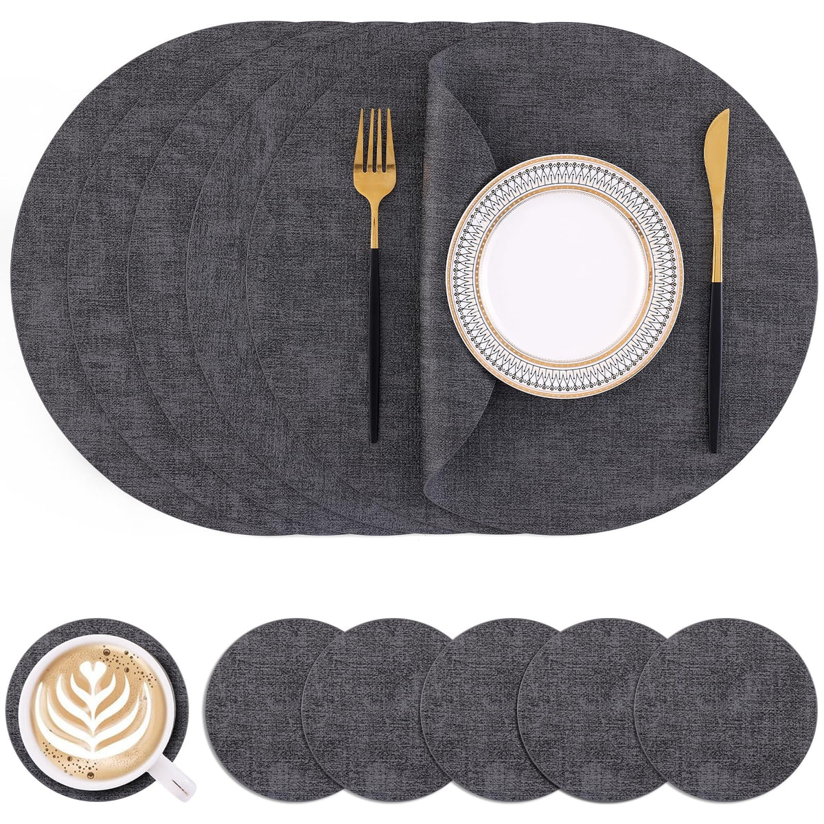Homaxy Round Faux Leather Placemats and Coasters, Set of 4, Beige