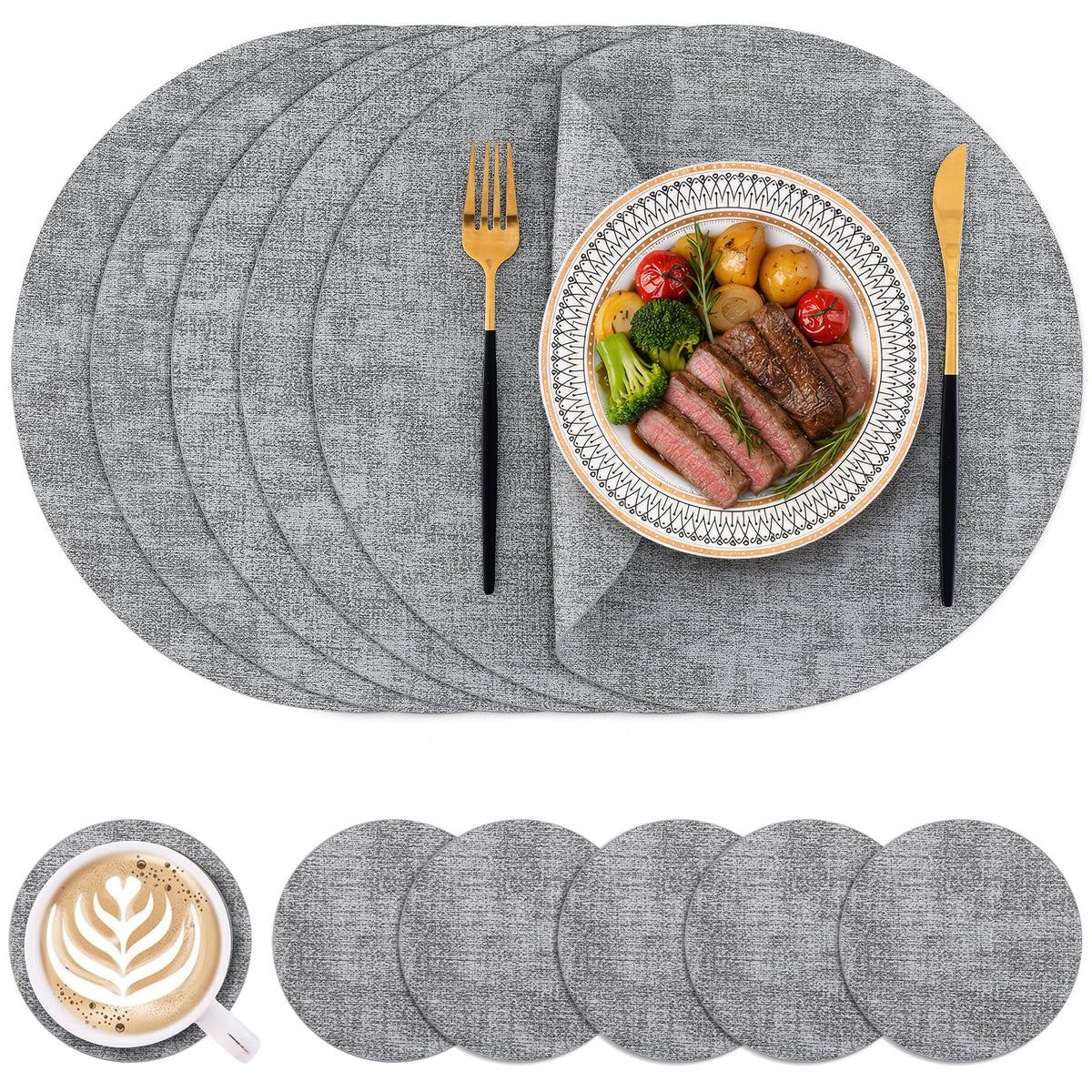 Homaxy Round Faux Leather Placemats and Coasters, Set of 4, Beige