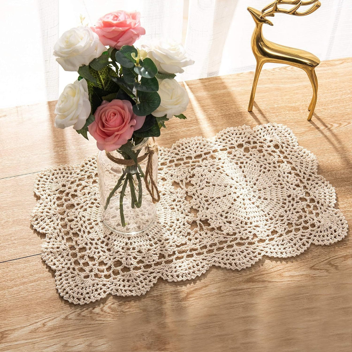 Eiyye Handmade Rectangle Doilies, 2-Piece Handmade Crochet Cotton Doilies Lace Table Crochet Placemats Coaster 10.6x16.9 inch (Beige)