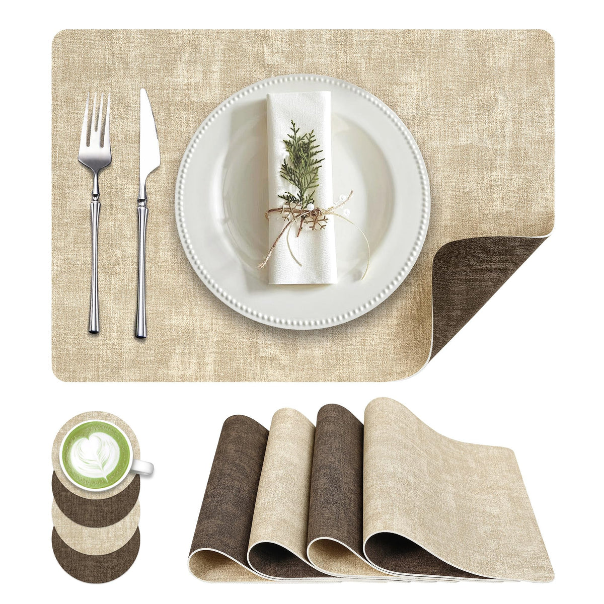 Fyvva Placemats Set of 6, 13" Round Reversible Faux Leather with Coasters