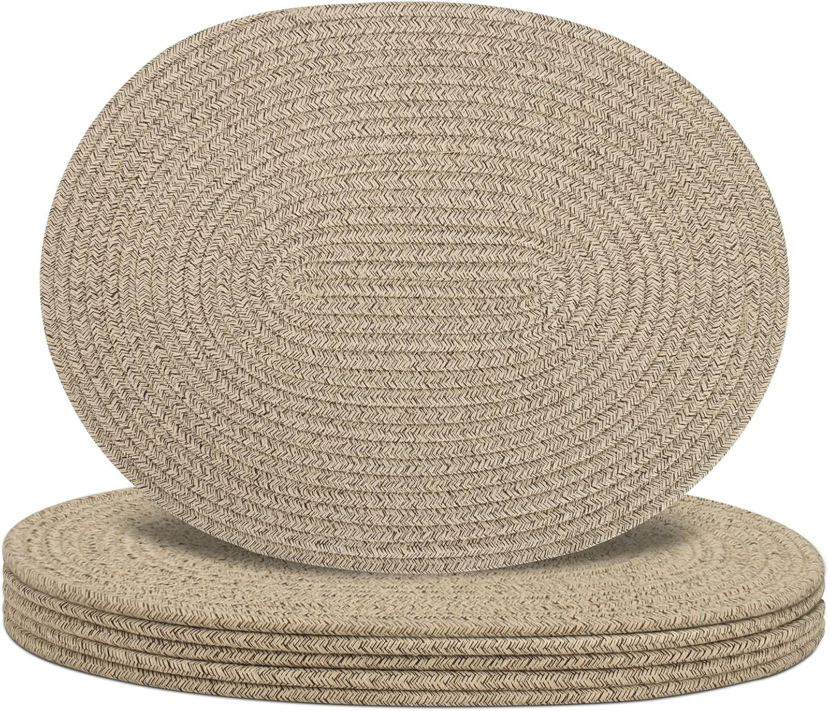 Oval Woven Placemats Set of 6, Boho Cotton Rope Braided Table Mats, 17x13 Inches Non Slip Heat Resistant Place Mats for Dining Room, Thick Hot Pads for Farmhouse Kitchen Table Decor. (Brown)