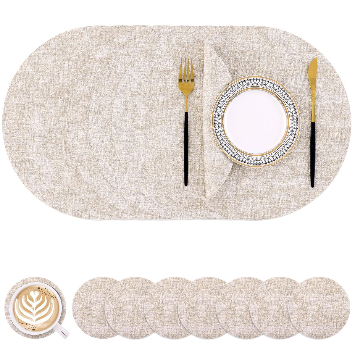 Homaxy Round Faux Leather Placemats and Coasters, Set of 4, Beige