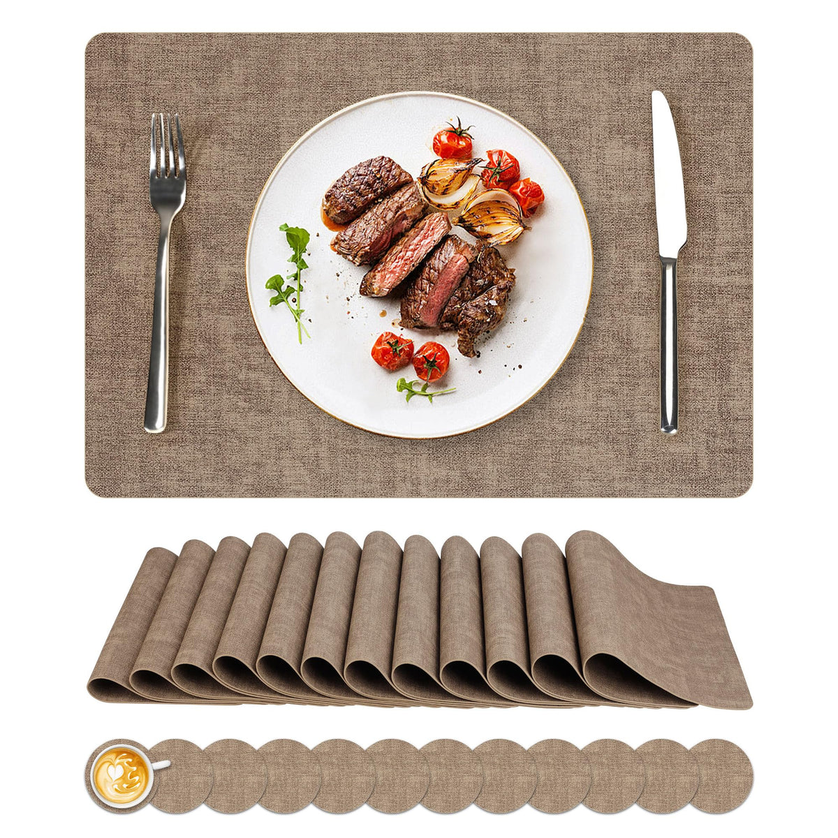 NCUE Vinyl Placemats Set of 8, 17"x12" Wipeable Place Mats with Coasters