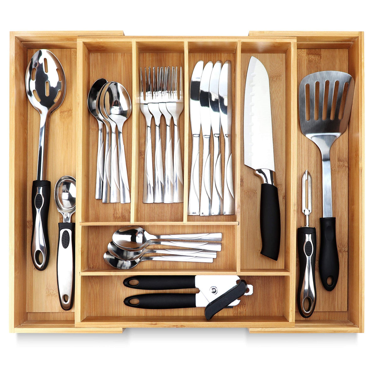 Pristine Bamboo Silverware Organizer - Small Extra-Deep Wooden Kitchen Drawer Organizer Divider for Spoons, Forks, Knives & Cutleries - 5 Slots