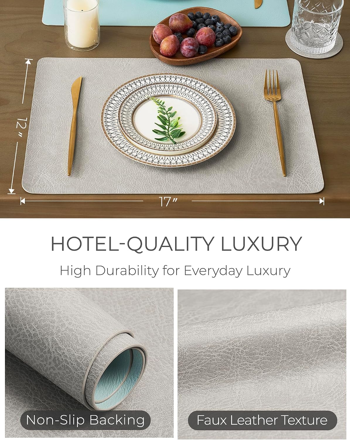 Reversible Faux Leather Placemats and Coasters Set of 4, 12x17 Inch – Hotel-Quality Heat Resistant & Waterproof Wipeable Table Mats, Non-Slip for Dining Kitchen (Mist Blue)