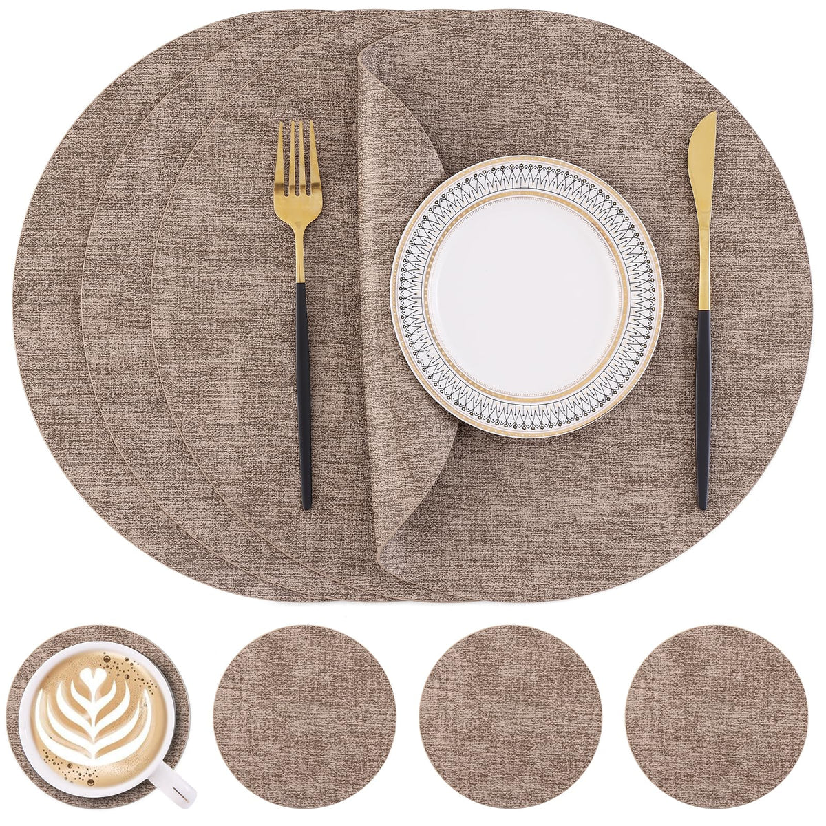 Homaxy Round Faux Leather Placemats and Coasters, Set of 6, Beige