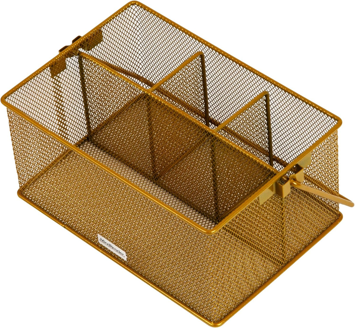 Mind Reader Multi-purpose Storage Caddy with Handle, Desktop Organizer, Cutlery Holder, 4 Compartments, Metal Mesh, Gold