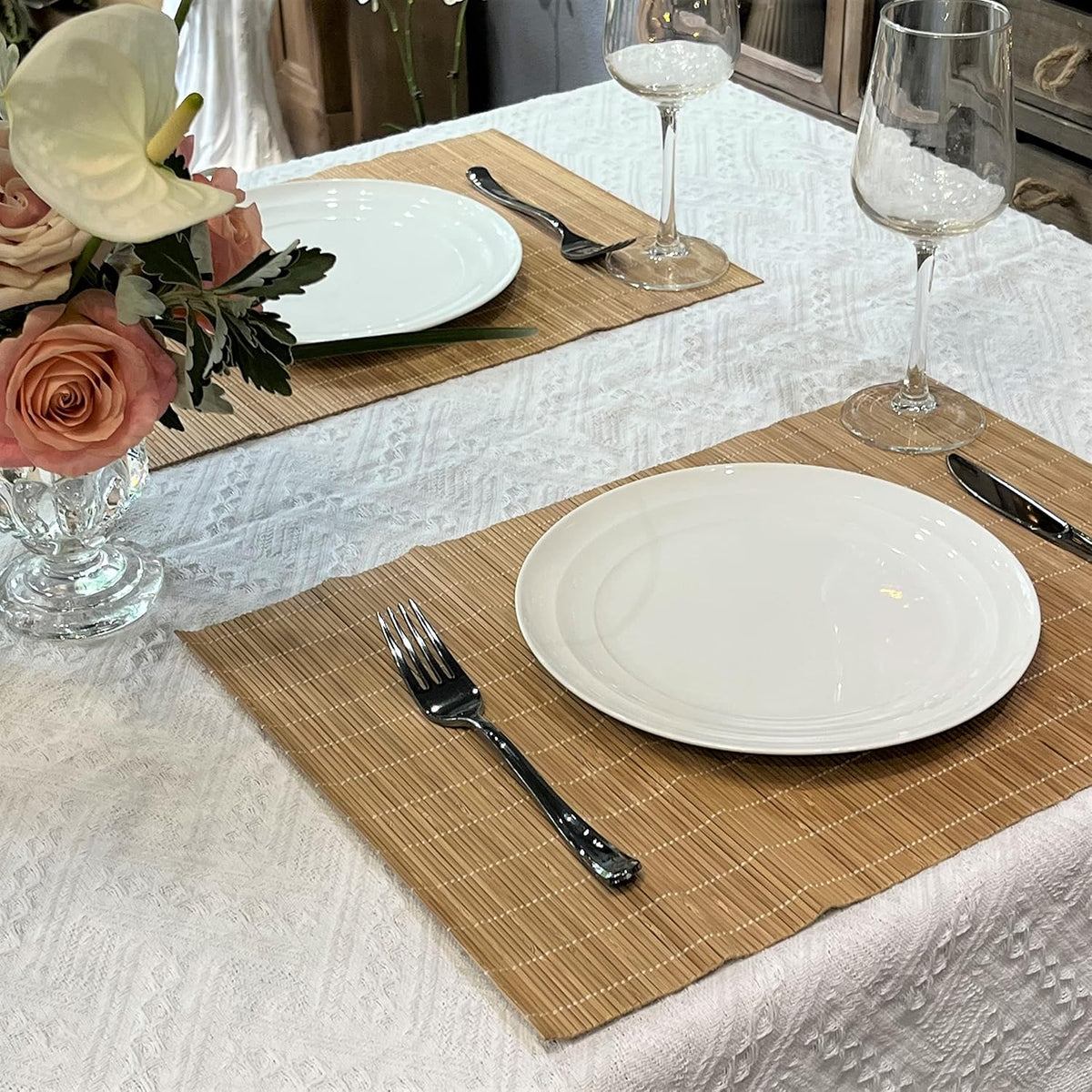 Non-Slip Bamboo Placemats Set of 6, 17.7x11.8 Inch - Heat Resistant & Easy-Clean, Natural Woven Table Mats for Daily Dining, Family Meals or Home Decor (Brown)