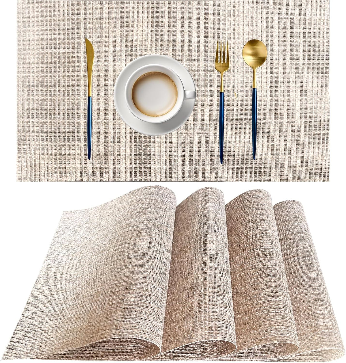 PIGCHCY Beige Placemats Set of 4 Vinyl PVC Durable Place Mats for Dining Table,Heat Resistant Non-Slip Woven Tabel Mats (18x12 inches, Beige)