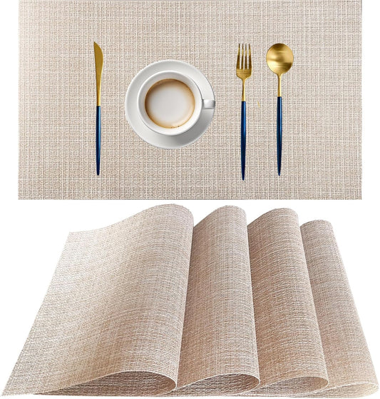 PIGCHCY Beige Placemats Set of 4 Vinyl PVC Durable Place Mats for Dining Table,Heat Resistant Non-Slip Woven Tabel Mats (18x12 inches, Beige)