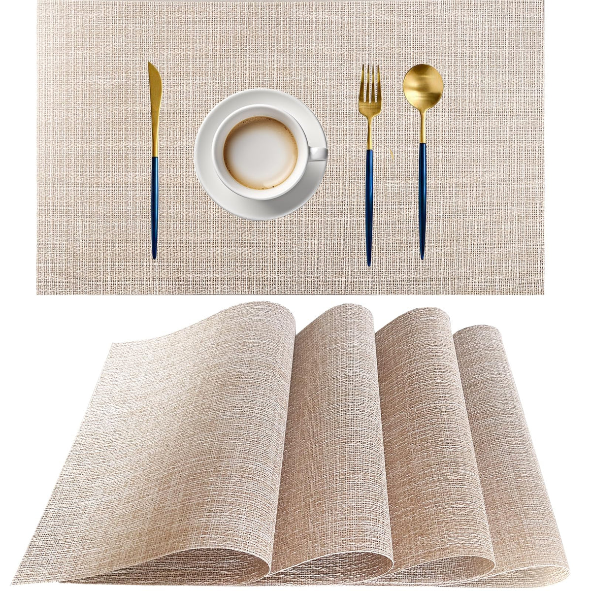 PIGCHCY Beige Placemats Set of 4 Vinyl PVC Durable Place Mats for Dining Table,Heat Resistant Non-Slip Woven Tabel Mats (18x12 inches, Beige)