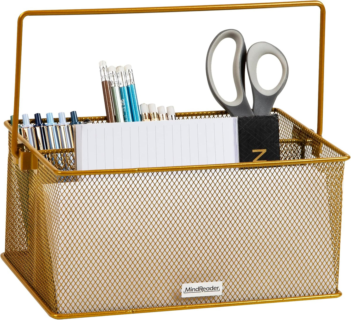 Mind Reader Multi-purpose Storage Caddy with Handle, Desktop Organizer, Cutlery Holder, 4 Compartments, Metal Mesh, Gold