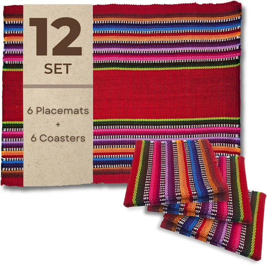 Set of 12 Handwoven Mexican Placemats and Coasters, 6 Cotton Placemats (11 x 15 in) with 6 Matching Drink Coasters, Vibrant Striped Dining Table Decor (Red)